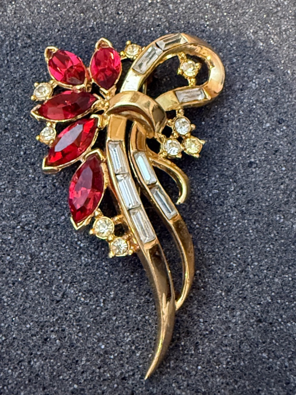 Trifari Pat Pending Rare Red Rhinestone Floral Brooch
